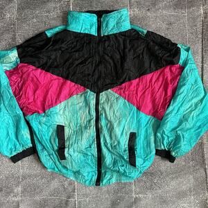 Men's Vintage 90's Teal Blue Pink Color Block Windbreaker Track Zip Jacket Sz L